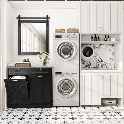 Two-Compartment Tilt-Out Trash Cabinet, Pet Proof Kitchen Trash Cabinet, Free Standing Laundry Sorter Cabinet, Laundry Hamper