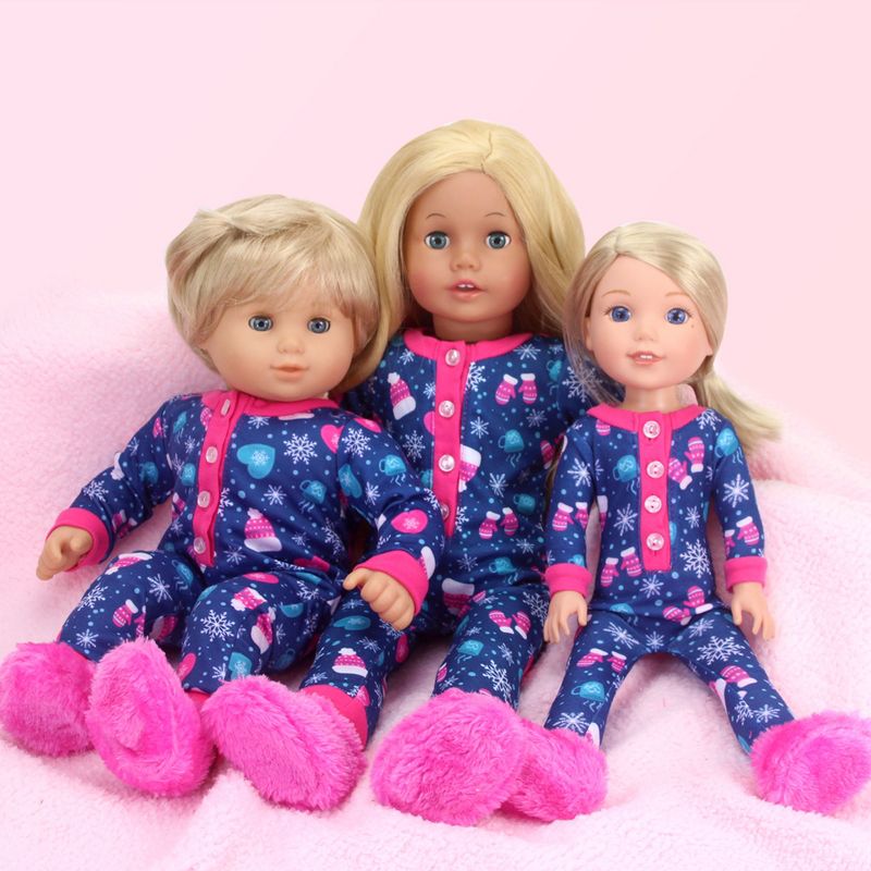 Sophia’s One Piece Winter Pajamas and Slippers for 14.5" Dolls, Blue/Hot Pink, 5 of 6