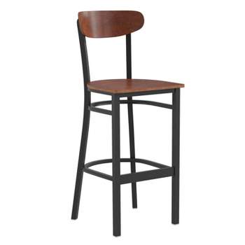 Emma and Oliver Industrial Barstool with Rolled Steel Frame and Solid Wood Seat - 500 lbs. Static Weight Capacity