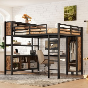 Sapphtopaz Loft Bed with Wardrobe&Desk,Metal Bed with Guardrail&Ladder,Space-Saving Bed Frame with Storage Cubes&Shelves for Teens - 1 of 4