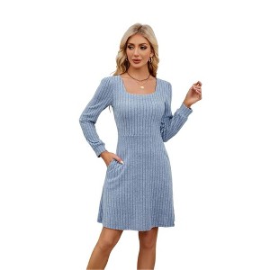 Coolmee Women's Knit Textured Sweater Dresses Long Sleeve Loose Casual Pleated Fall Dress with Pockets - 1 of 4