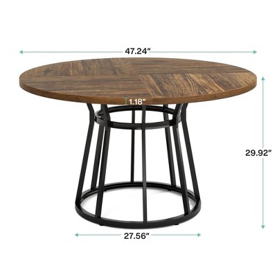 Brown Round Wood Dining Table with Black Metal Base, 47.2 Inch