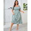 Womens Puff Sleeve Summer Floral Dress Plus Size Smocked Ruffle Square Neck Casual Dress Cute Midi Dress Teal Blue Flower 3XL - 2 of 4