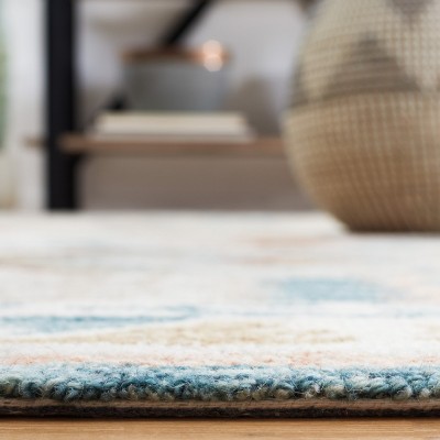 Ivory and Blue Hand-Tufted Wool Southwestern Square Rug, 6' x 6'