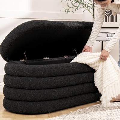 Vynxaria Ebony Black Boucle Fuji 49" Upholstered Oval Storage Bench