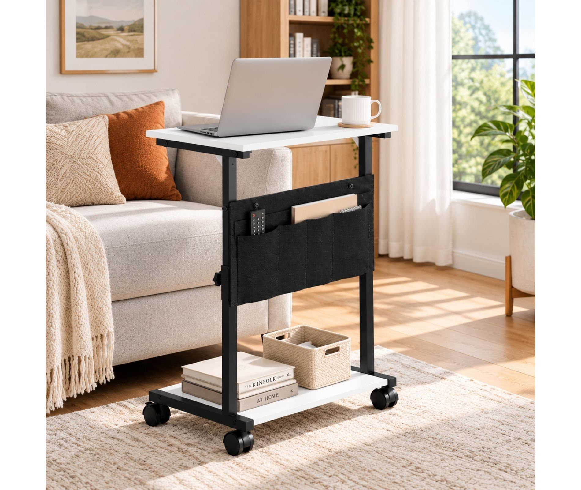 KOLIGEY Height Adjustable C-Shaped End Table with Wheels, Mobile Sofa Side Table with Storage Pocket, Rolling Laptop Desk, Lockable Casters