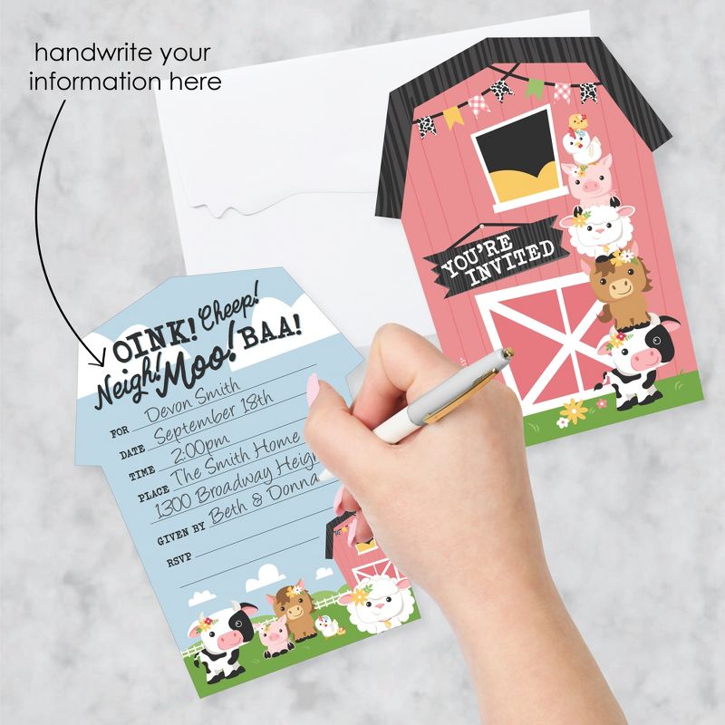 Big Dot of Happiness Girl Farm Animals - Shaped Fill-In Invitations Pink Barnyard Baby Shower or Birthday Party Invitation Cards with Envelopes 12 Ct, 2 of 8