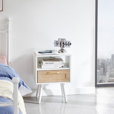 LIVAREEmlen 15.7" Rattan End Table with Power Outlet & USB Ports, Modern Nightstand with drawer and wood legs, side table for living room, white