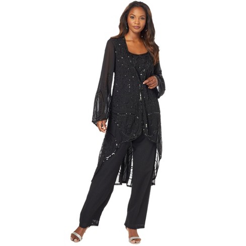 Roaman's Women's Plus Size Three-Piece Beaded Pant Suit - 14 W, Black