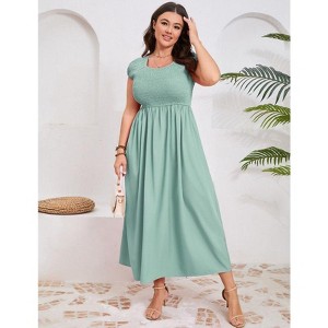 Coolmee Women Plus Size Casual Smocked Round Neck Short Sleeve Midi A-Line Flutter Dress With Pocket - 1 of 4