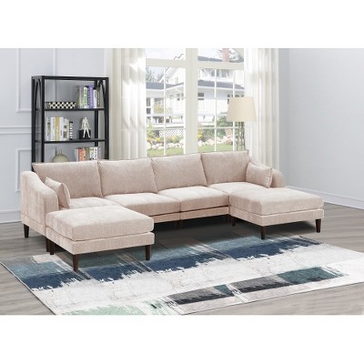 MYINDA 6 Piece Modular Sofa Set, U-Shape Living Room Furniture with 2 Ottoman Stools, Pink