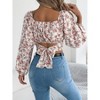 Women's Casual Floral Printed Pleated Square Neck Tops Tie Back Cropped Top Summer Long Lantern Sleeve Shirt Blouse - 2 of 4