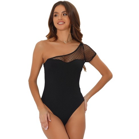 Allegra K Women's One Shoulder Sheer Mesh Sleeve Skinny Bodysuit Black  Large : Target