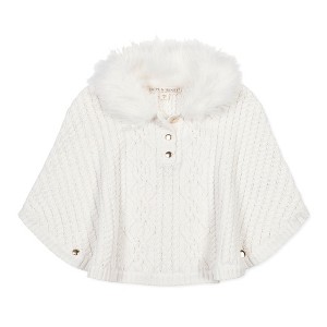 Hope & Henry Girls' Organic Cable Sweater Cape with Faux Fur, Soft White Cable, Medium - 1 of 4