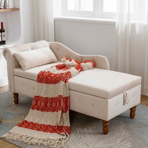 MAYEERTY Velvet Chaise Lounge, Storage Pillow Nailhead Trim Rolled Arm, Living Room Bedroom Office, Beige - 1 of 4