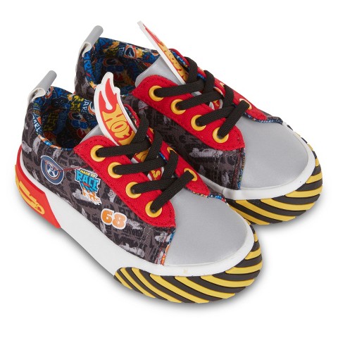 Мужские кроссовки Hot Wheels Toddler Boy Sneakers - Cars, Trucks, Tracks and Engines - Checkered Flag Race Car Lace Up Kids Sneakers (Black, 6)
