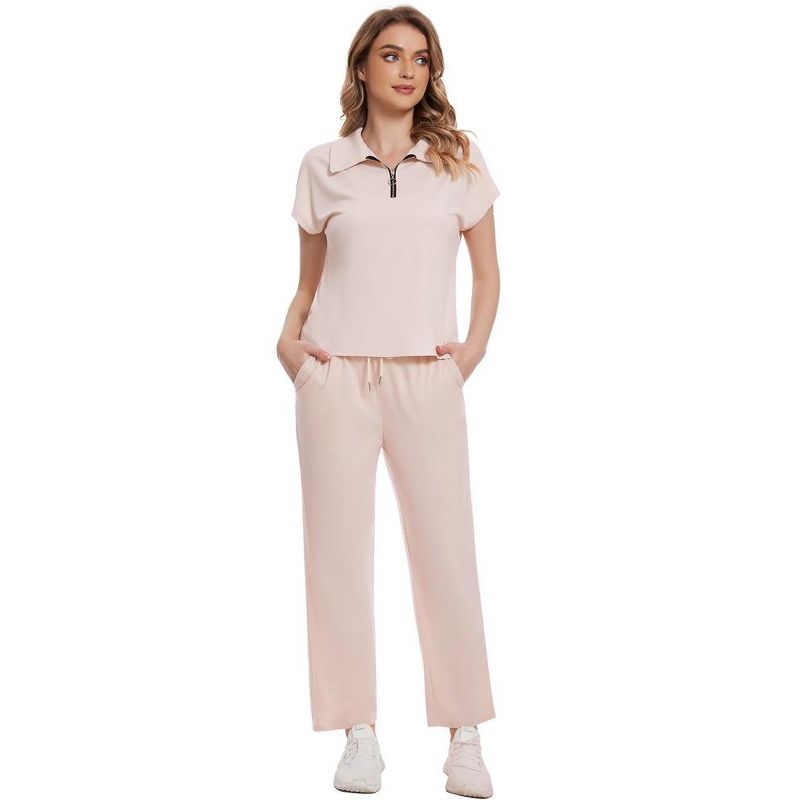 Summer 2 Piece Outfits for Women Casual Sweatsuits Short Sleeve V Neck Tops with Crop Long Pants, 5 of 8