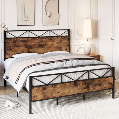Whizmax Bed Frame with Rustic Wood Headboard, Metal Platform Bed Frame Heavy Duty, Sturdy Steel Slat Support