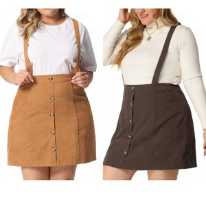 Agnes Orinda Women's Plus Size Button Up Flare Corduroy Suspender Elastic Back A-Line Mini Skirt - 1 of 4