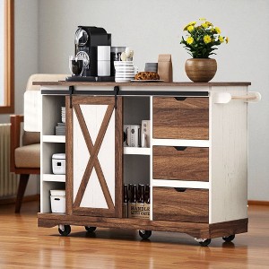 Kitchen Island with Drop Leaf, Barn Door, USB, Rolling Kitchen Cart with Drawers, Adjustable Storage, Spice and Towel Rack for Home and Dining Room - 1 of 4