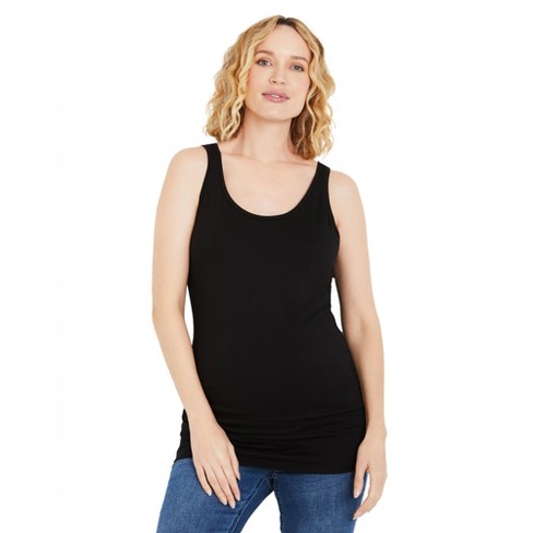 Side Ruched Scoop Neck Maternity Tank Top - Black, Size: Medium