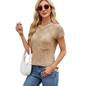 Cap Sleeve Chessboard Sweater with Crew Neck Lightweight Soft Knit Tops with Chest Pocket Summer Casual Tops for Women - 1 of 4