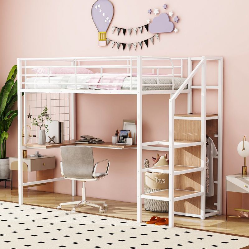 Twin Size Metal Loft Bed with Desk and Metal Grid, Stylish Metal Frame Bed with Storage Ladder and Wardrobe - ModernLuxe, 1 of 13