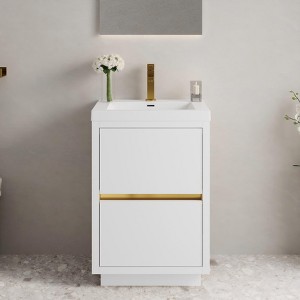 FAMYYT 24 in. Single Sink Freestanding White Bath Vanity with White Resin Top (Assembled), Soft Close Drawers - 1 of 4