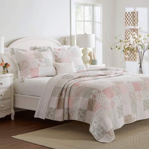 Laura Ashley 3pc King Celina Patchwork 100% Cotton Quilt Bedding Set Red :  Target