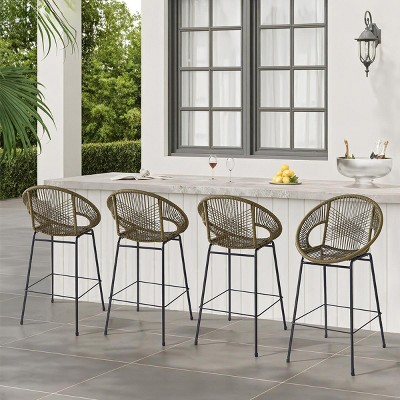 Outdoor PE Wicker Woven Barstools Set of 4,Patio Barstools with ron Frame,Modern Armrests Barstools for Poolside or Balcony-Coolbibila