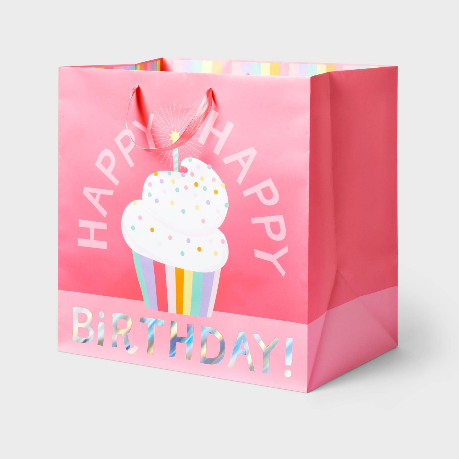 Large Square 'Happy Happy Birthday' Cupcake Gift Bag Pink - Spritz™: Pink, Paper, 15"x15"x10", Large, Gender Neutral,
