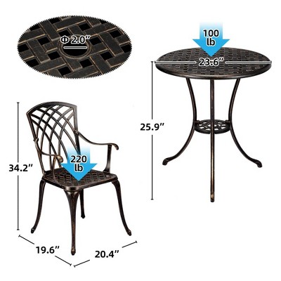 Dimensions and weight icons for the bistro set