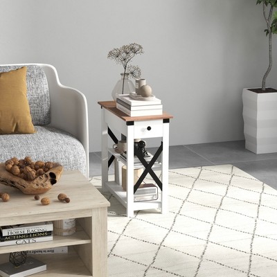 White Wood Side Table with Charging Station and Storage Shelves