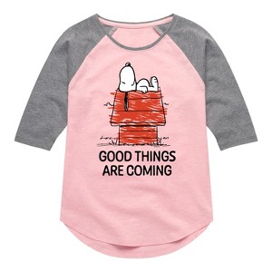 Girls' - Peanuts - Good Things Are Coming Snoopy Shirt Tail Raglan Graphic T-shirt - 1 of 4
