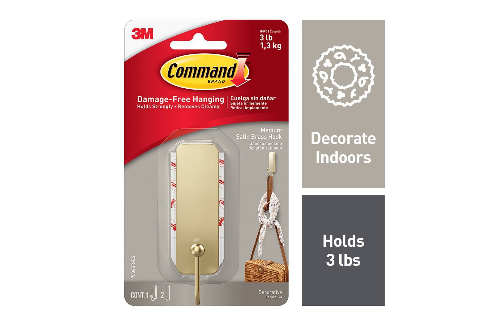 Command Medium Satin Brass Damage-Free Hook