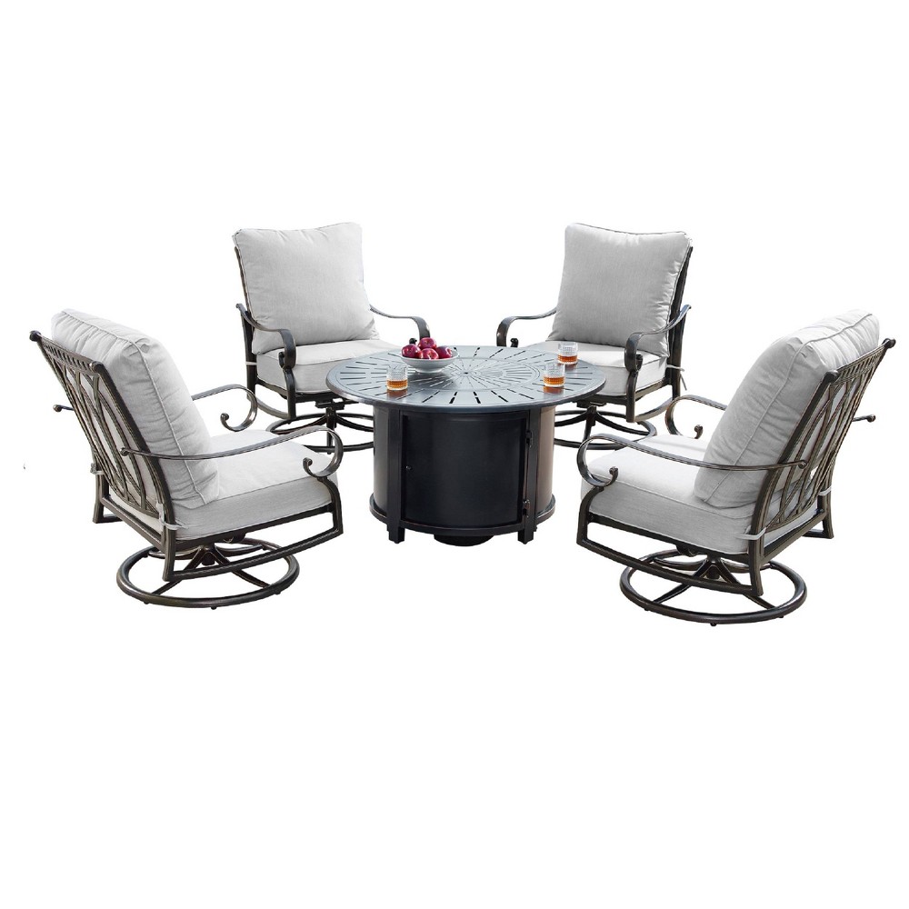 Photos - Dining Table 5pc Outdoor Set with 44" Round Aluminum Fire Table Set with 4 Swivel Rocking Chairs & Wind Blocker Lid - Oakland Living