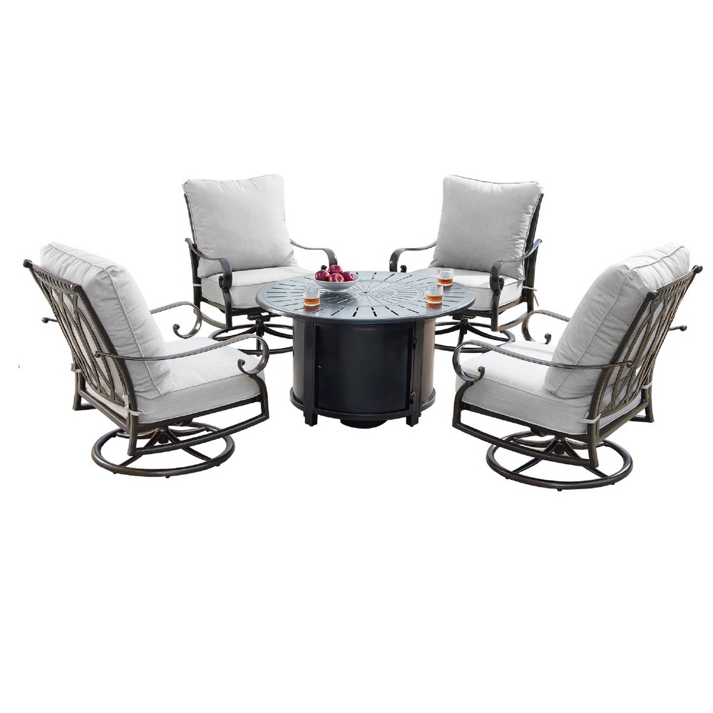 5pc Outdoor Set with 44"" Round Aluminum Fire Table Set with 4 Swivel Rocking Chairs & Wind Blocker Lid - Oakland Living -  85307695