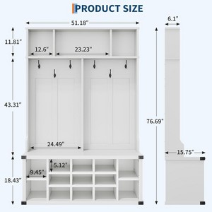 Multifunctional 4-in-1 Entryway Hall Tree with Bench - 51" Wide, 5 Hooks, 12 Shoe Cubbies, 3 Shelves, Farmhouse Storage Organizer, White - 1 of 4
