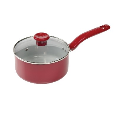 T-Fal 2qt Simply Cook Ceramic Sauce Pan Red: Nonstick Pot with Tempered Glass Lid, Ergonomic Handle, Oven-Safe to 350°F