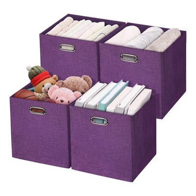Posprica 11 x 11 Inch Square Collapsible Storage Organization Cube Bins for Nursery, Living Room, Bedroom, or Office, Dark Purple (4 Pack)