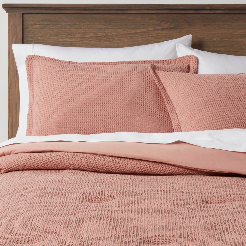 Photos - Bed Linen Twin/Twin Extra Long Washed Waffle Weave Comforter and Sham Set Light Pink