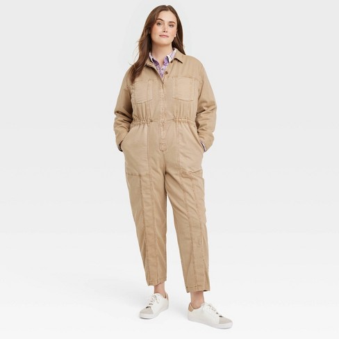 Women's Long Sleeve Button-Front Coveralls - Universal Thread™ Tan 30
