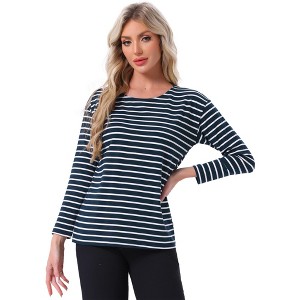 INSPIRE CHIC Women's Cotton Contrast Stripe Pullover Blouse Long Sleeve Loungewear Pajama Tops - 1 of 4