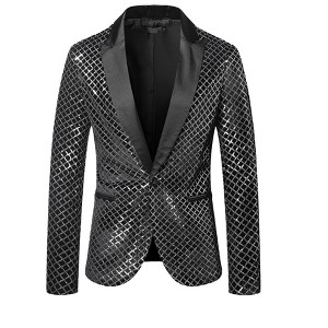 Lars Amadeus Men's Peak Lapel Prom Party Plaid Shining Sequin Blazer - 1 of 4