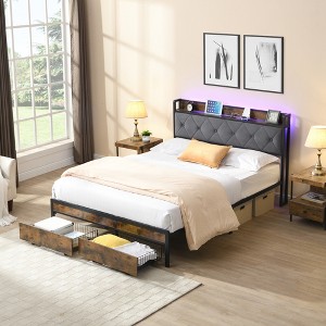 Queen Size Bed Frame with LED Lights, Upholstered Headboard, and Two Drawers for Bedroom or Apartment - 1 of 4