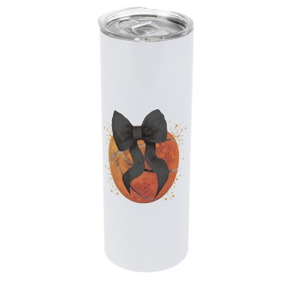 Elanze Designs 20 Ounce Stainless Steel On the Go Travel Tumbler With Push Top Lid, Basketball With Black Bow