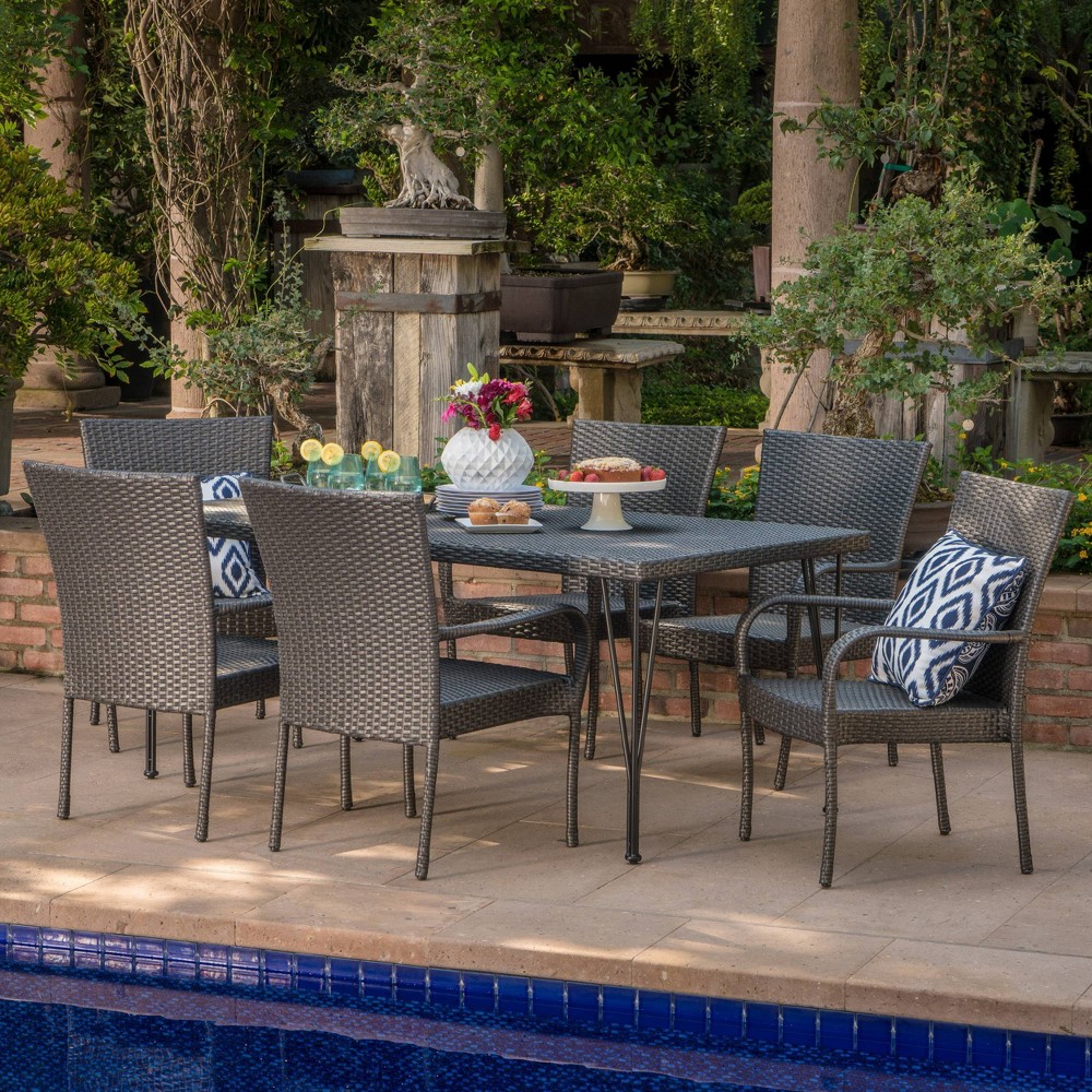 Photos - Garden Furniture Nash 7pc Wicker Dining Set - Gray - Christopher Knight Home: Weather-Resis