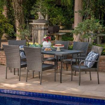 Nash 7pc Wicker Dining Set - Gray - Christopher Knight Home: Weather-Resistant, Iron Frame, 6 Armchairs & Rectangular Table