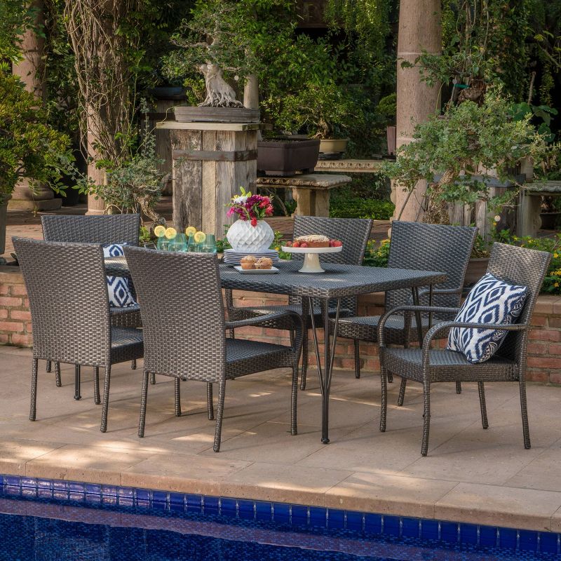 Nash 7pc Wicker Dining Set - Gray - Christopher Knight Home: Weather-Resistant, Iron Frame, 6 Armchairs & Rectangular Table, 1 of 8