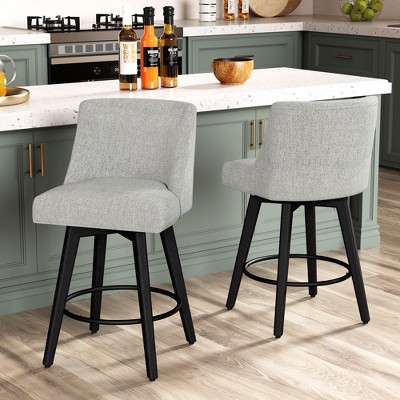 Dyonery 26" Height Counter Height Bar Stools Set of 2, Upholstered Swivel Fabric Kitchen Counter Stools with Back, Solid Wood Legs, Grey